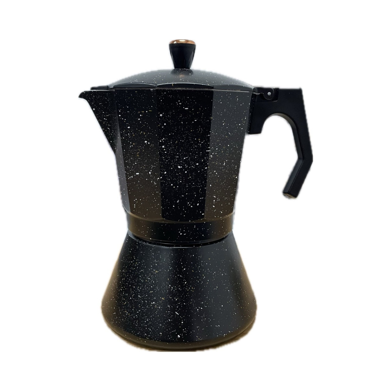 Black stovetop espresso maker with speckled pattern on a white background