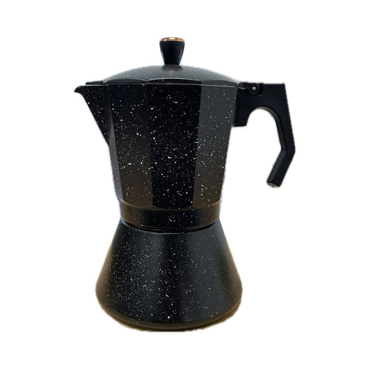 Black stovetop espresso maker with speckled pattern on a white background
