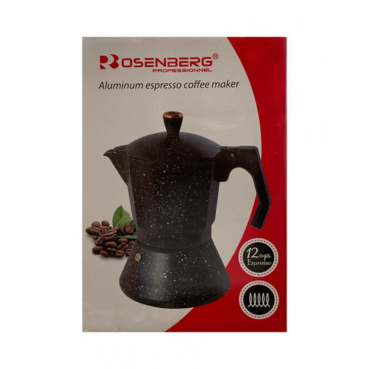 Rosenberg Aluminum espresso coffee maker packaging with coffee beans and leaves on a beige background