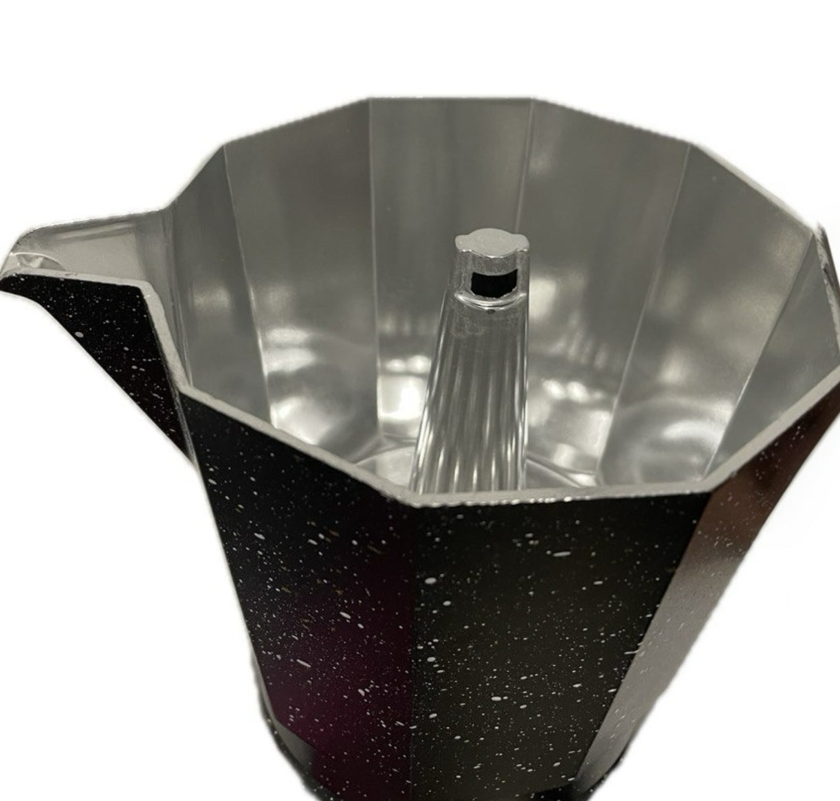 Metallic funnel with black speckled base on a white background