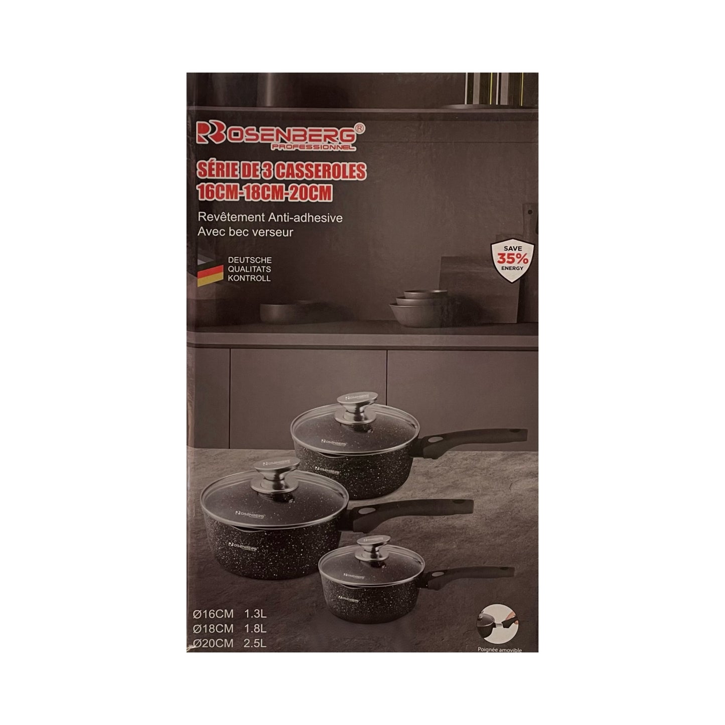 Packaging of Rosenberg cookware set with pots and lids on a kitchen counter.