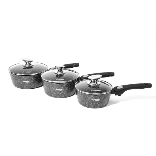 Set of three black cookware pieces with lids on a white background