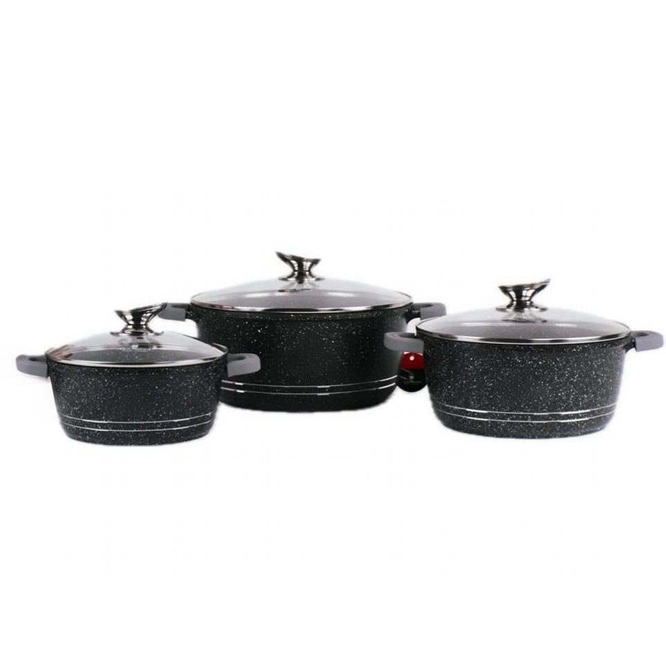 Set of black speckled cookware with lids on a white background