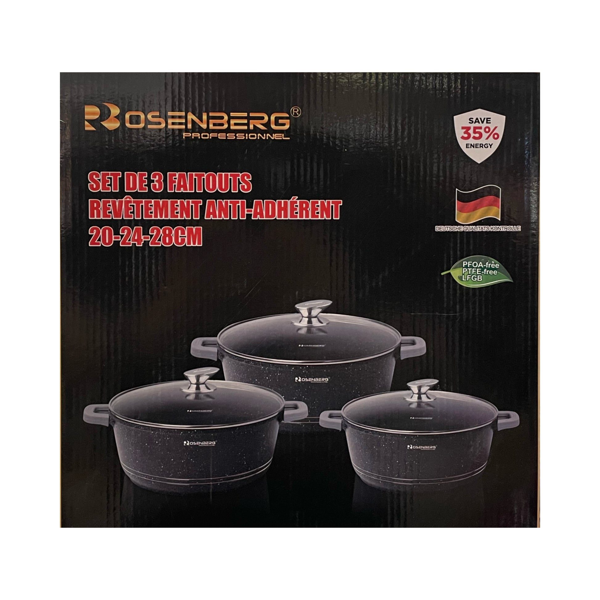 Packaging of Rosenberg professional frying pods with anti-adhesive coating on a black background
