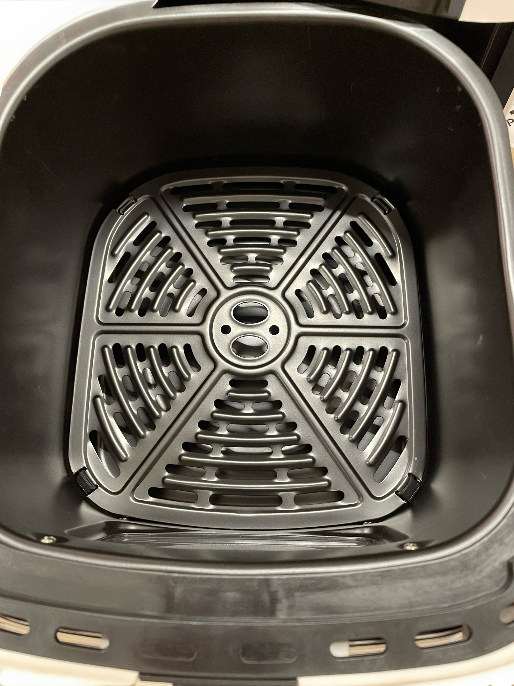 Metallic filter inside a black air fryer basket