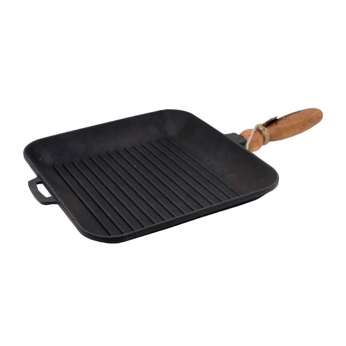 Black сast iron grill pan with wooden handle on a white background