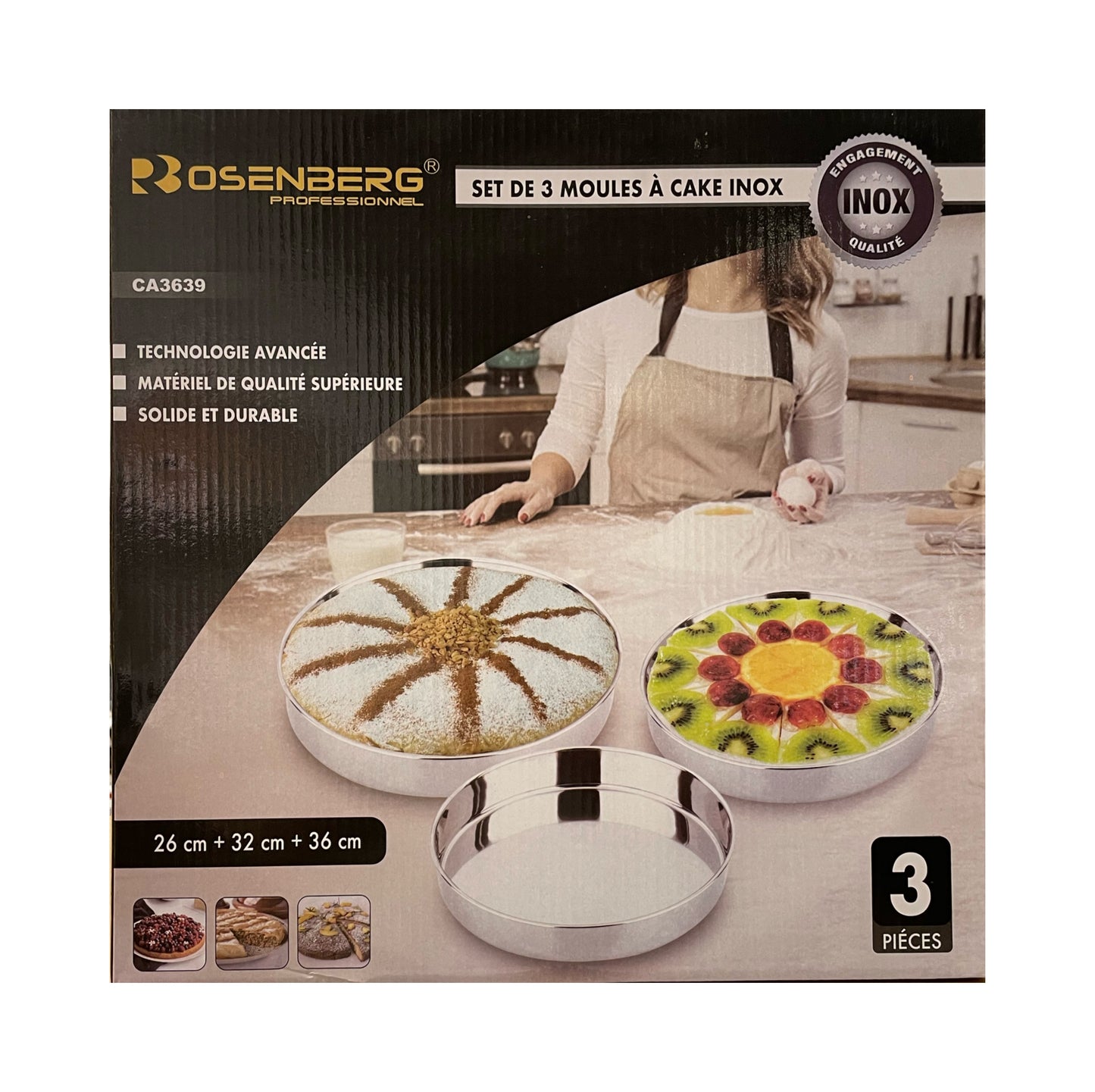 Rosenberg cake mold set packaging with images of cakes and product details.