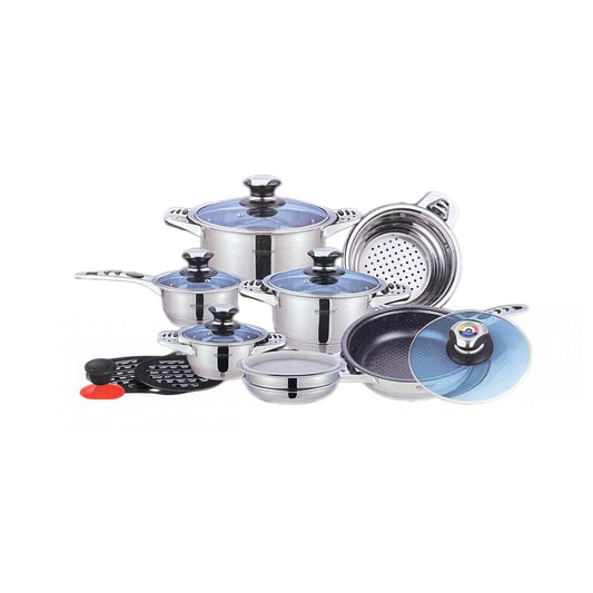 Set of stainless steel cookware with lids on a white background