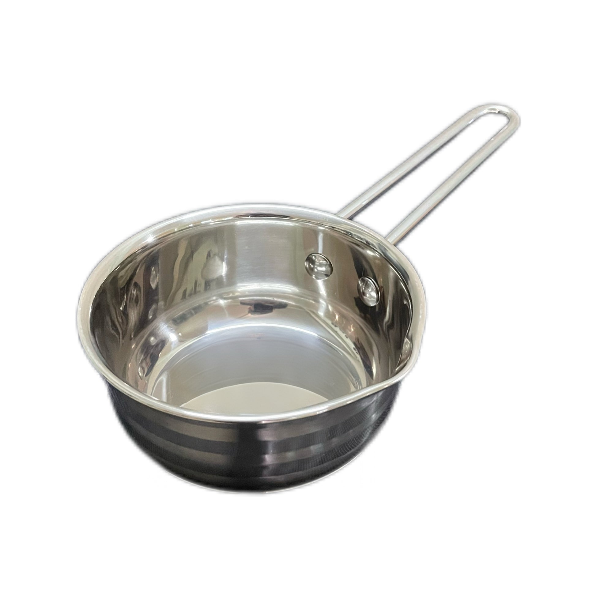 Stainless steel pot with a handle on a white background