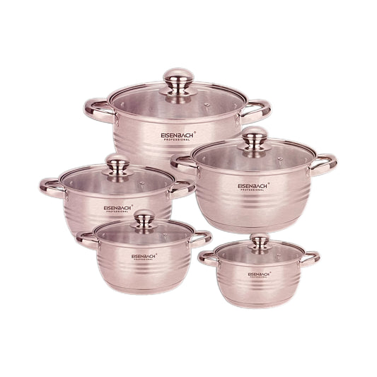 Set of stainless steel cookware with glass lids on a white background