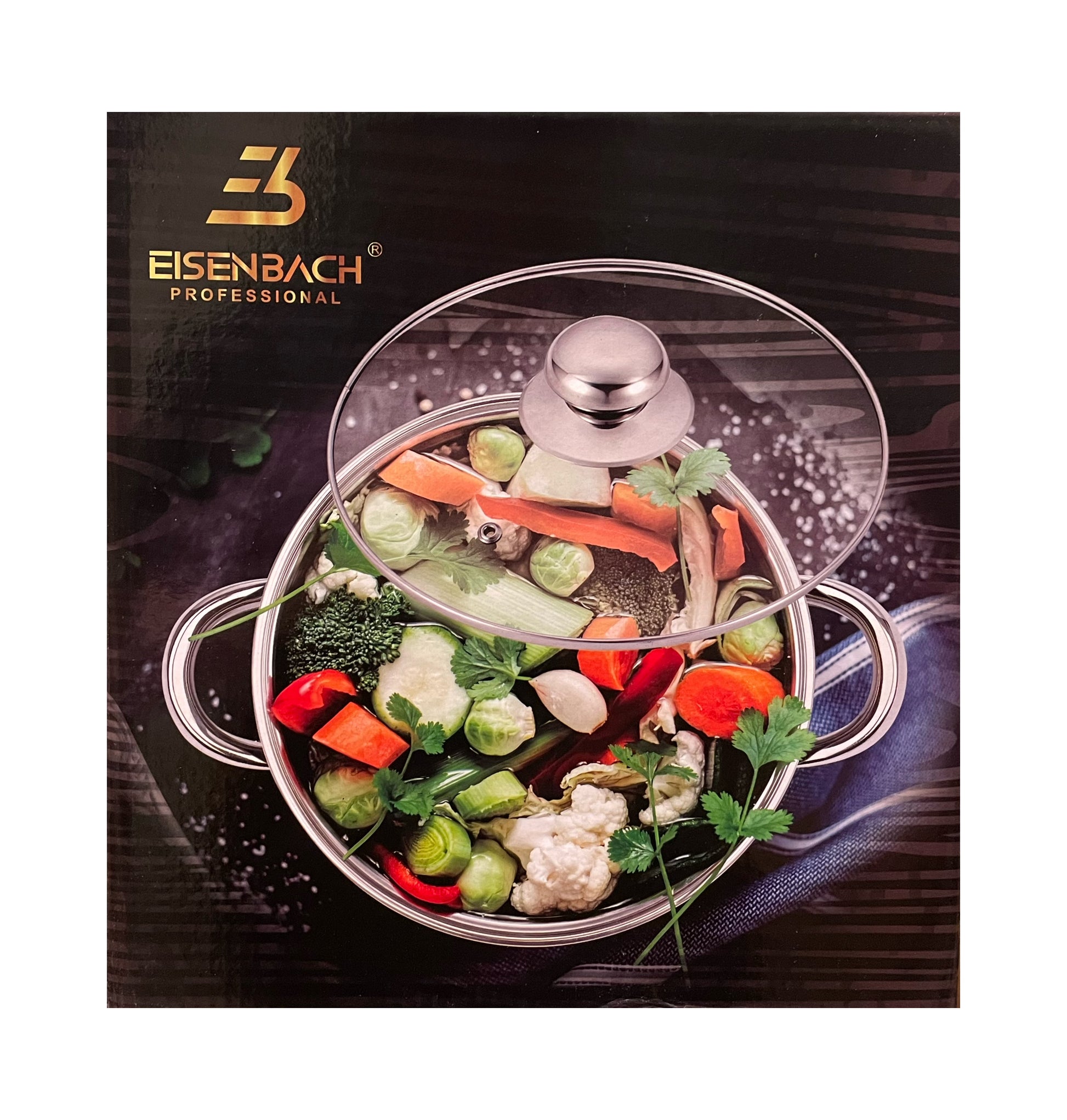 Cookware set with vegetables and Eisenbach Professional logo on packaging