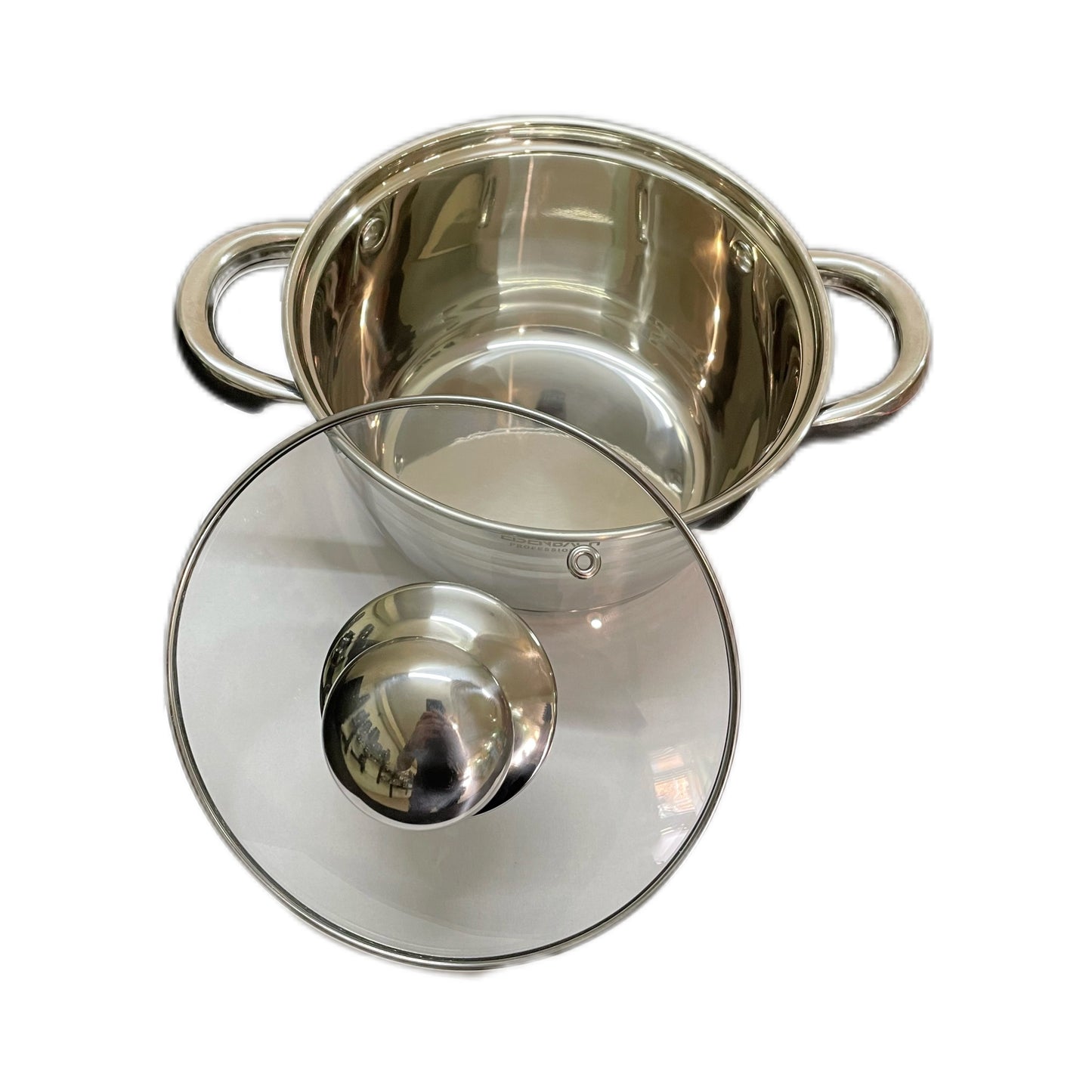 Stainless steel pot with lid on a white background