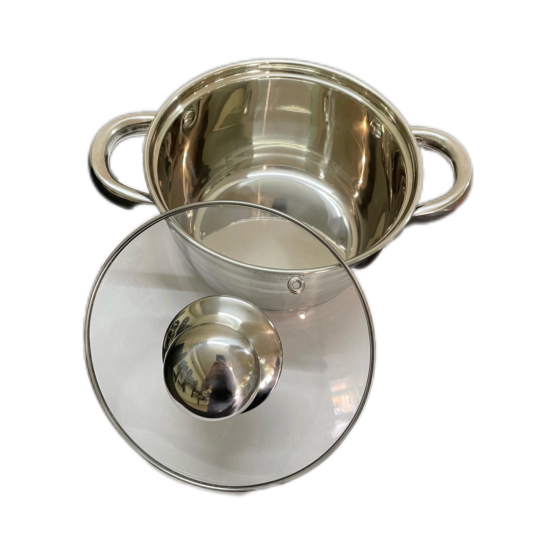 Stainless steel pot with lid on a white background