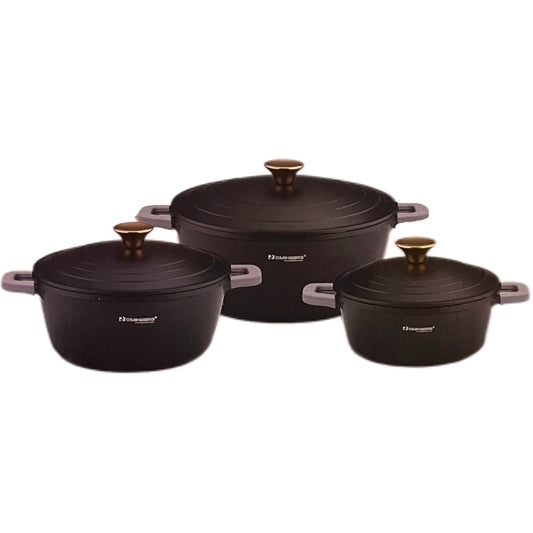 Set of three black cookware pots with lids on a white background