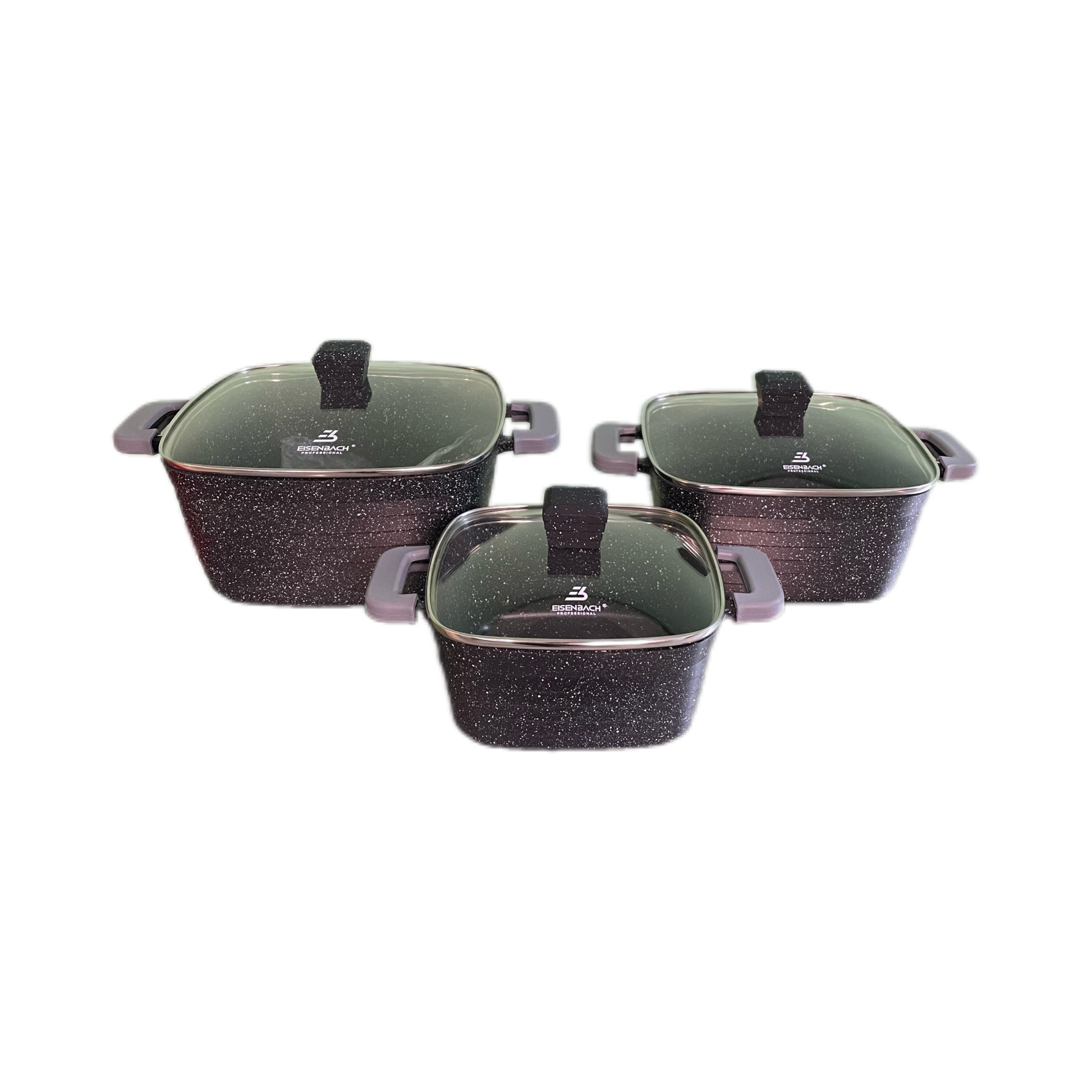 Set of three black speckled cookware pots with lids on a white background