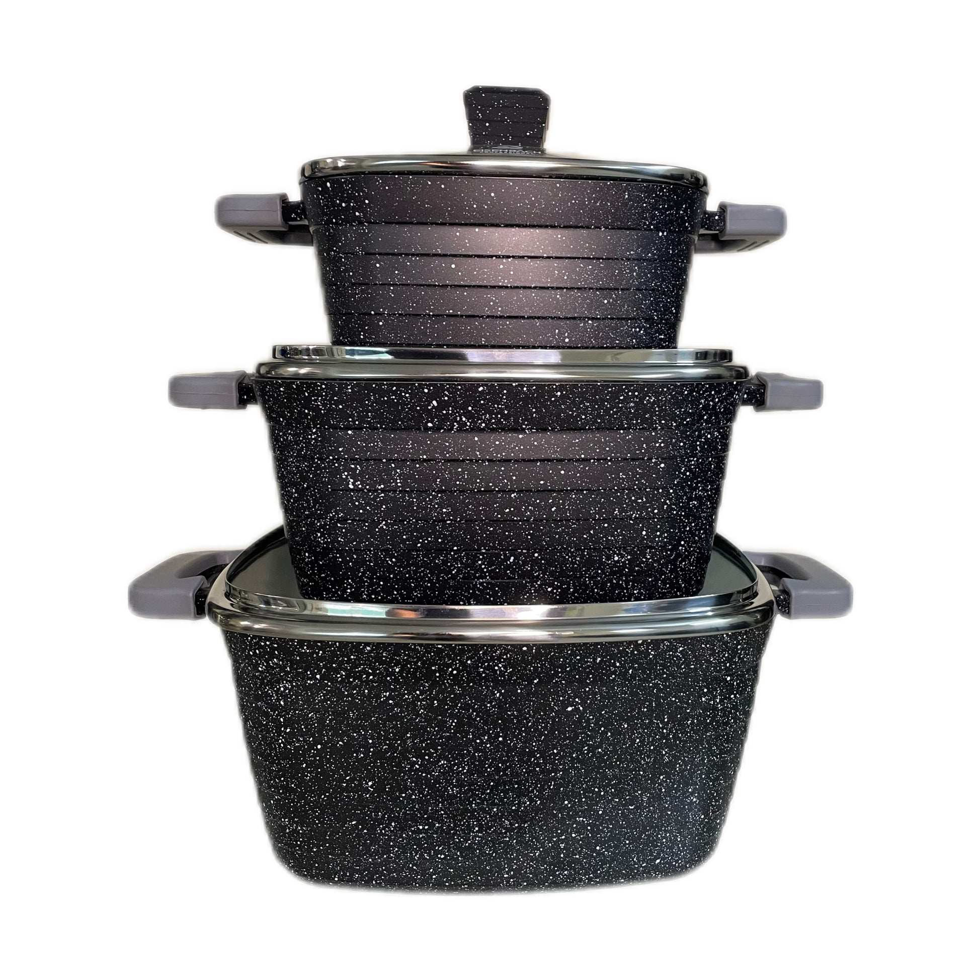 Set of three black speckled cookware pieces on a white background