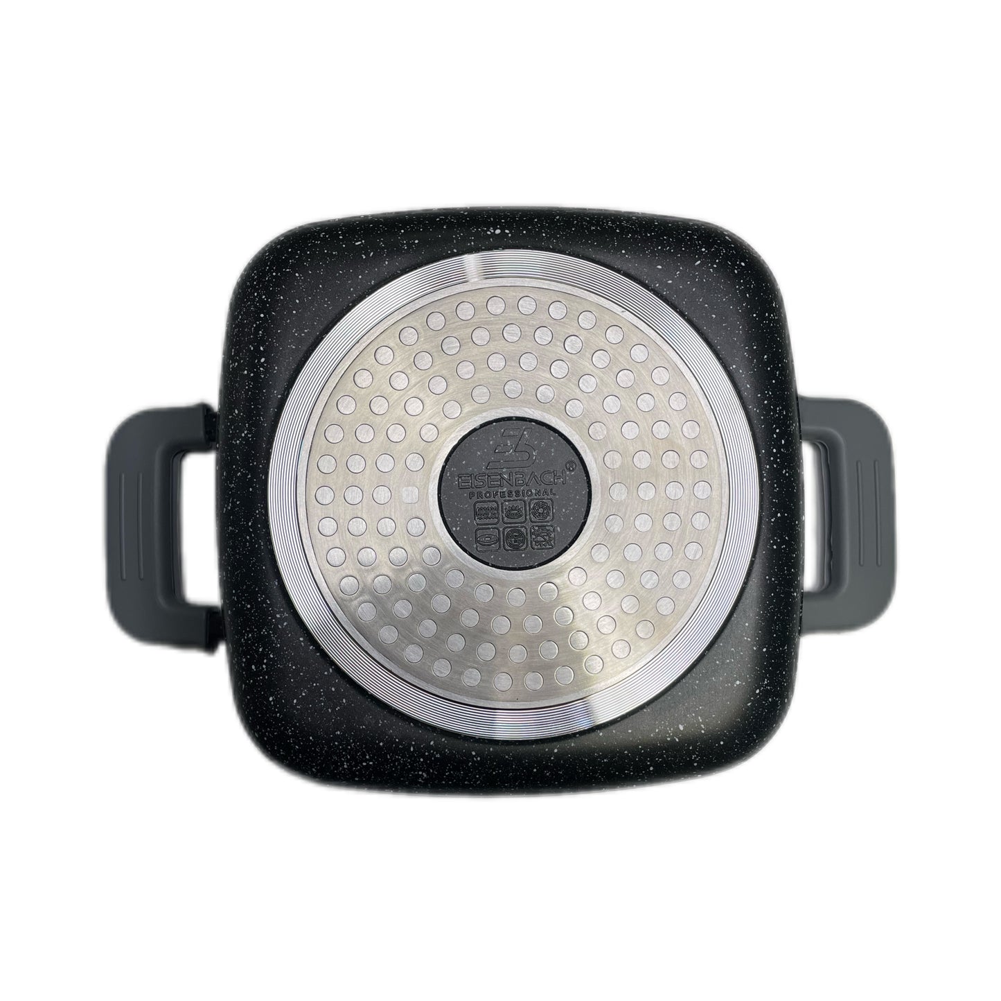 Black non-stick frying pan with silver lid on a white background
