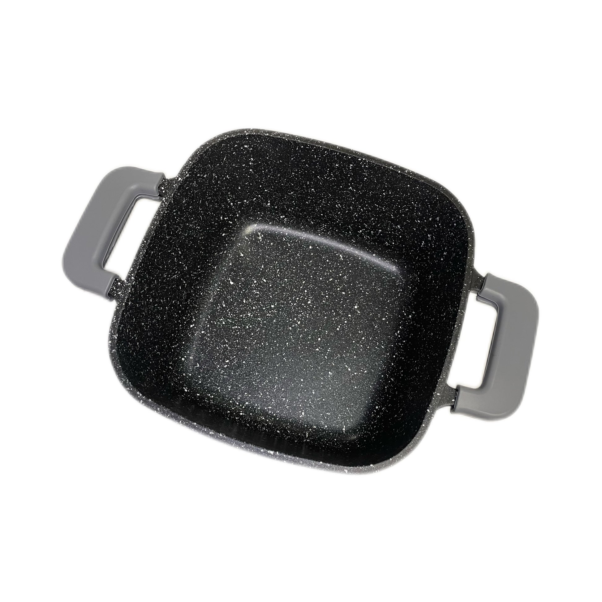 Black speckled grill pan with handles on a white background