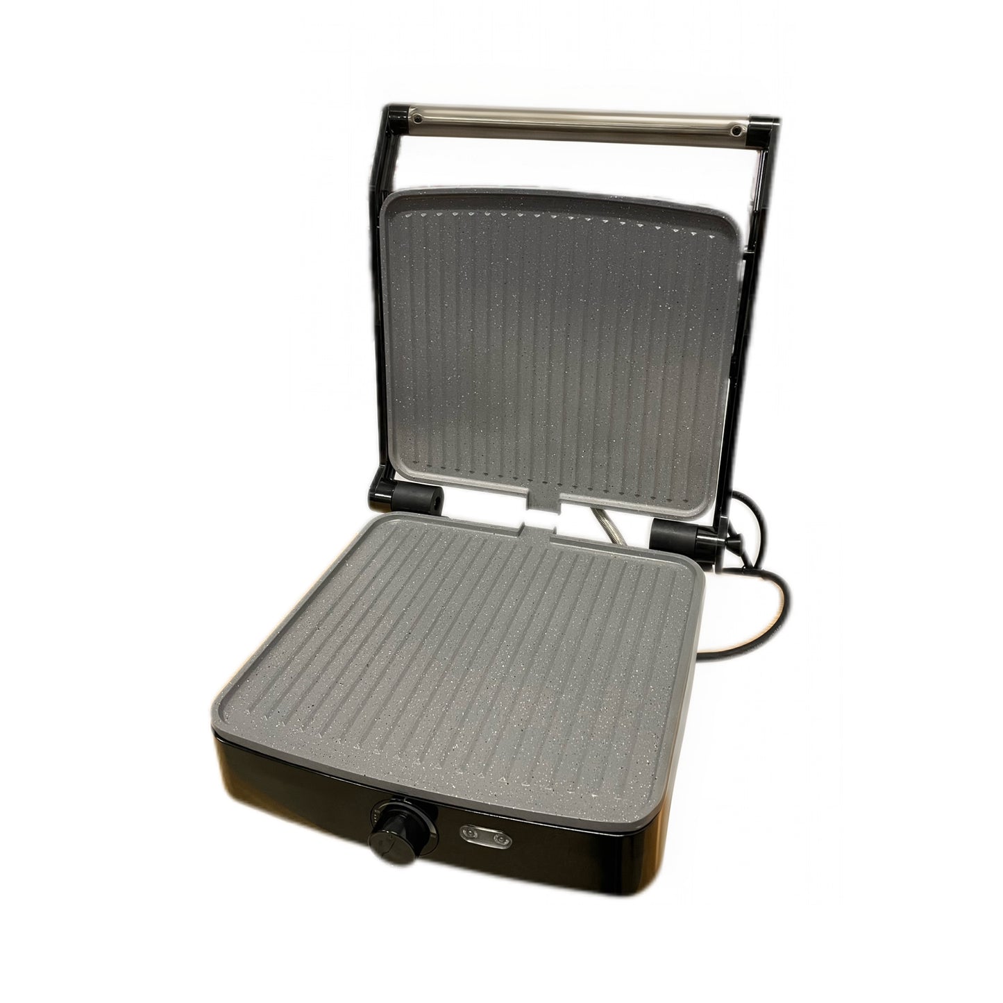 Black electric grill with two heating plates on a white background