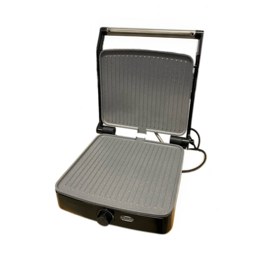 Black electric grill with two heating plates on a white background