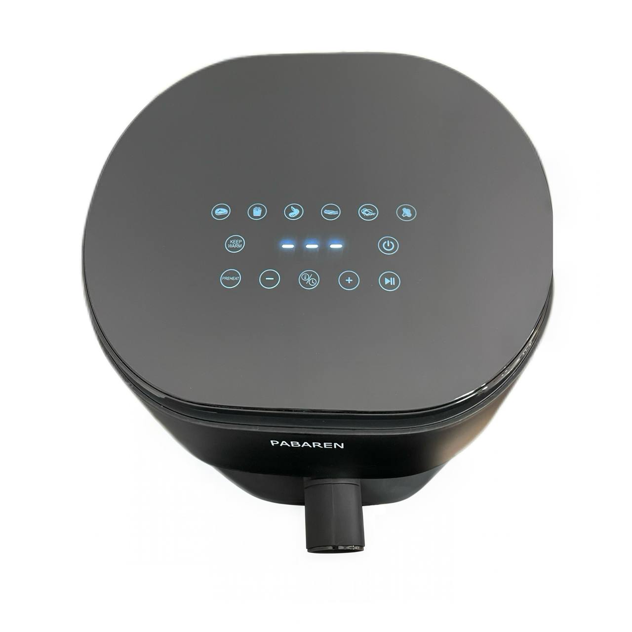 Top view of black air fryer with touch control and digital display on white background