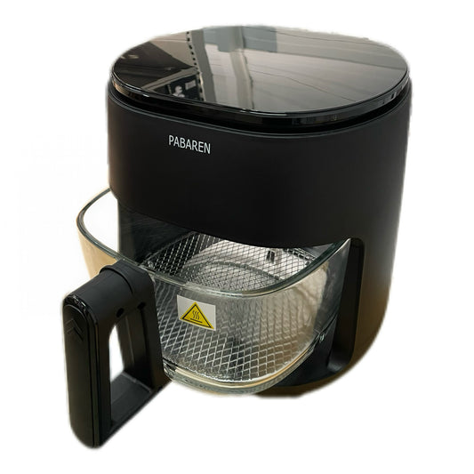 Black air fryer with glass basket on a white background
