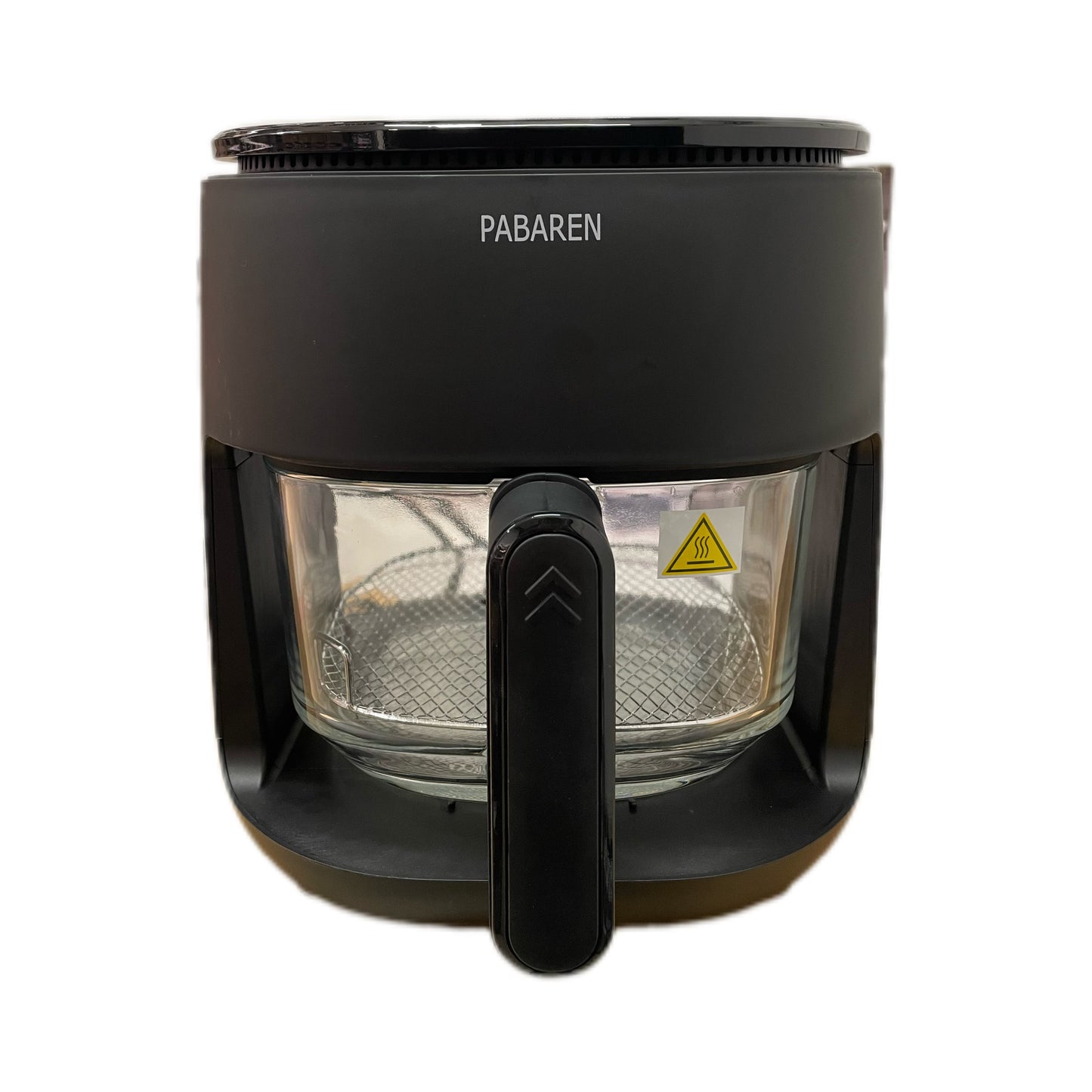 Front view of black air fryer with glass bowl on white background