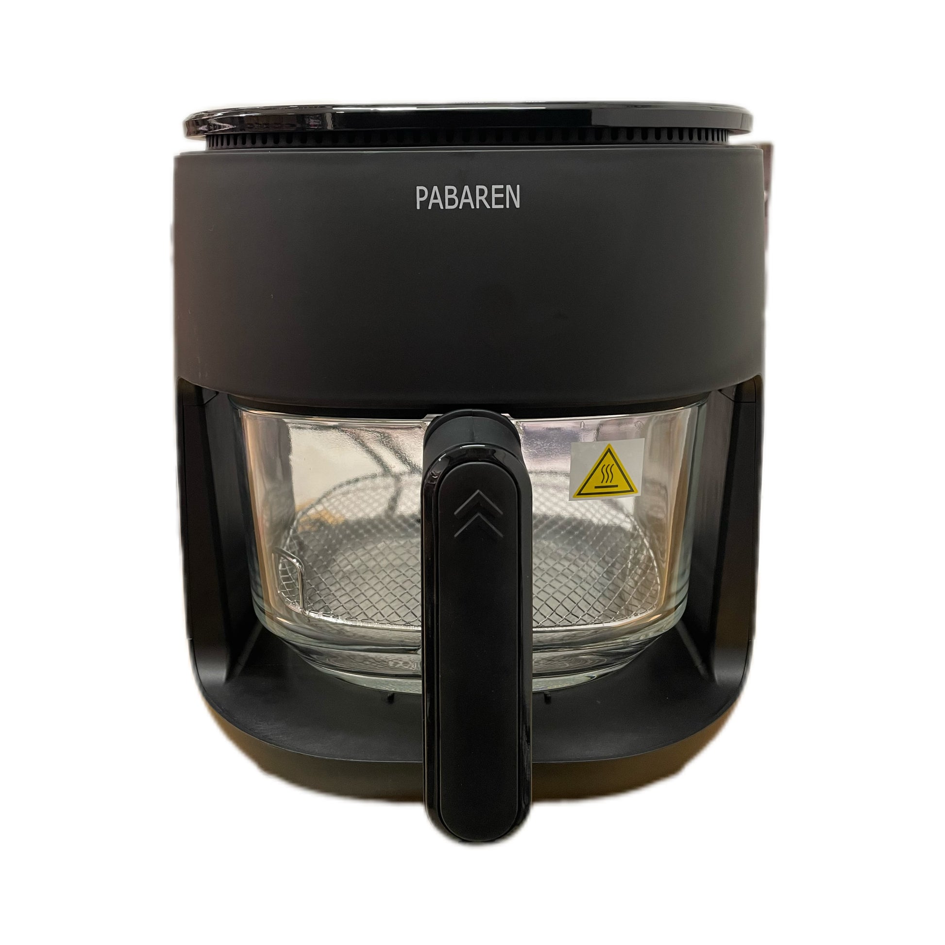 Front view of black air fryer with glass bowl on white background