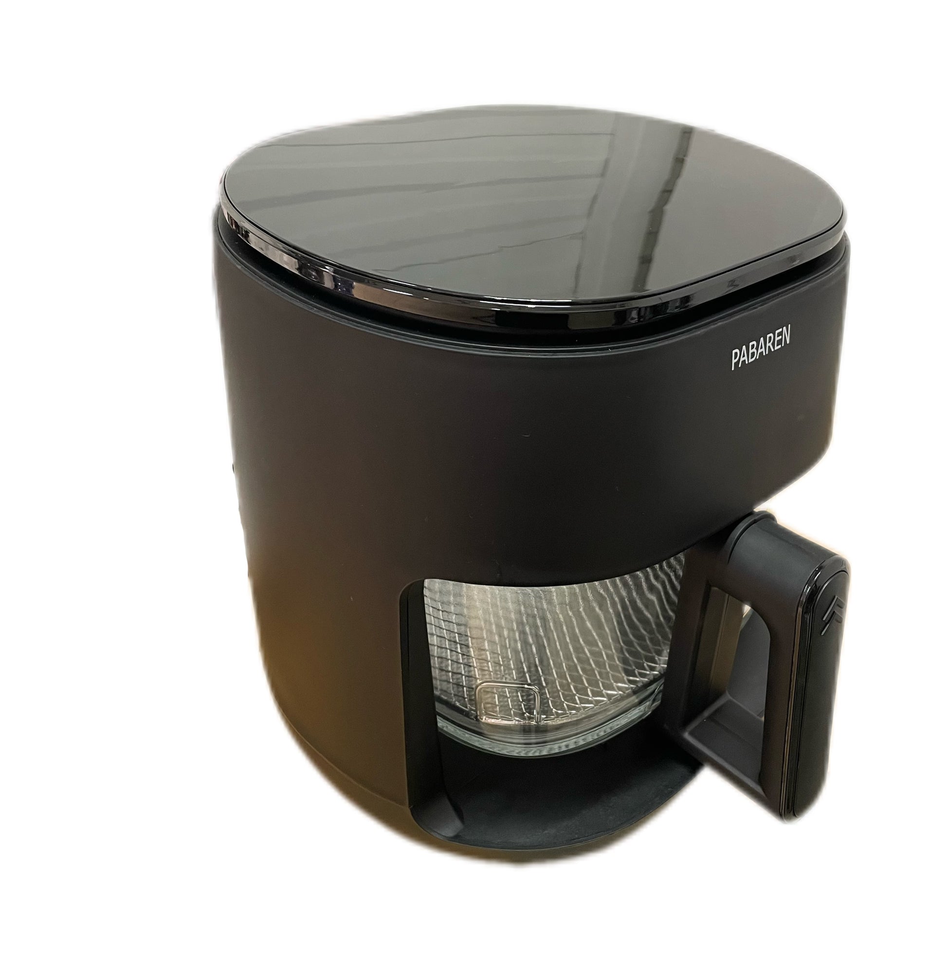Side view of black air fryer with glass bowl on white background