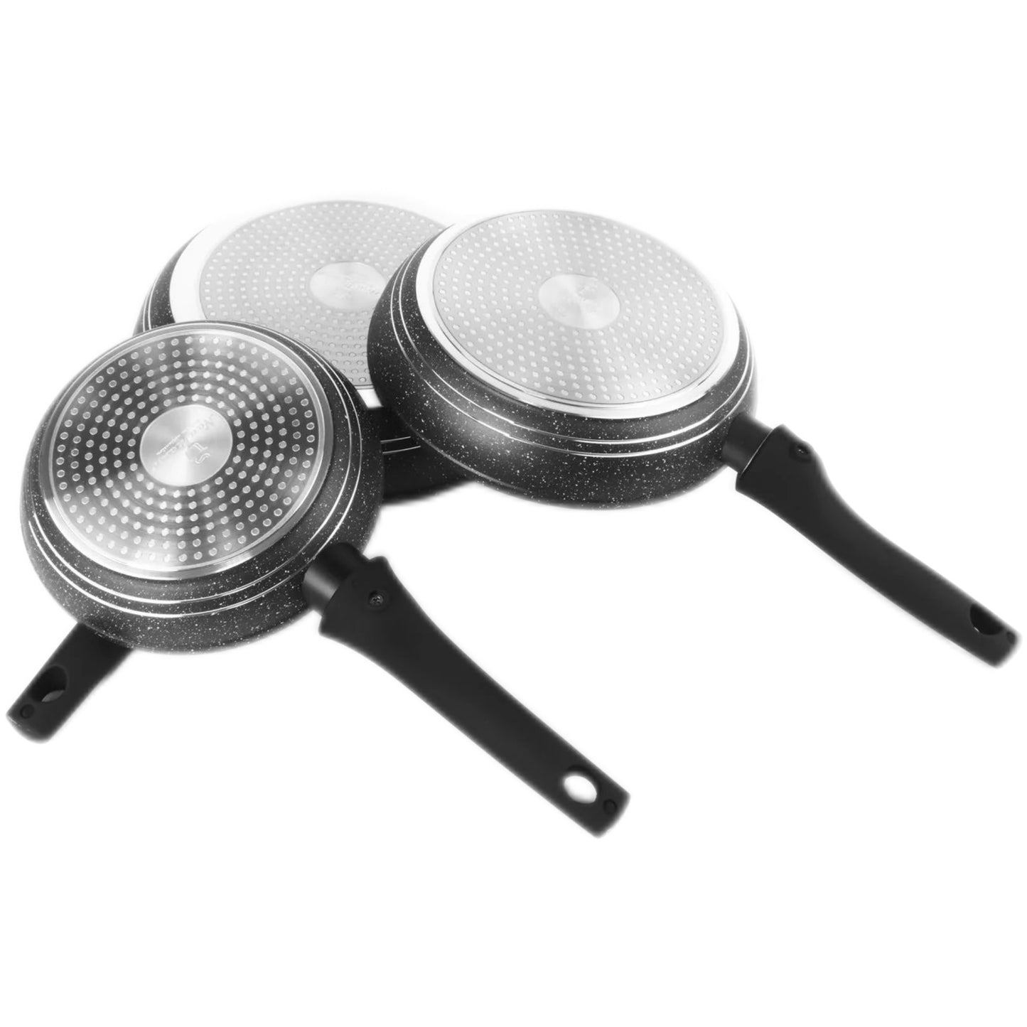 Set of three frying pans with speckled non-stick coating on a white background