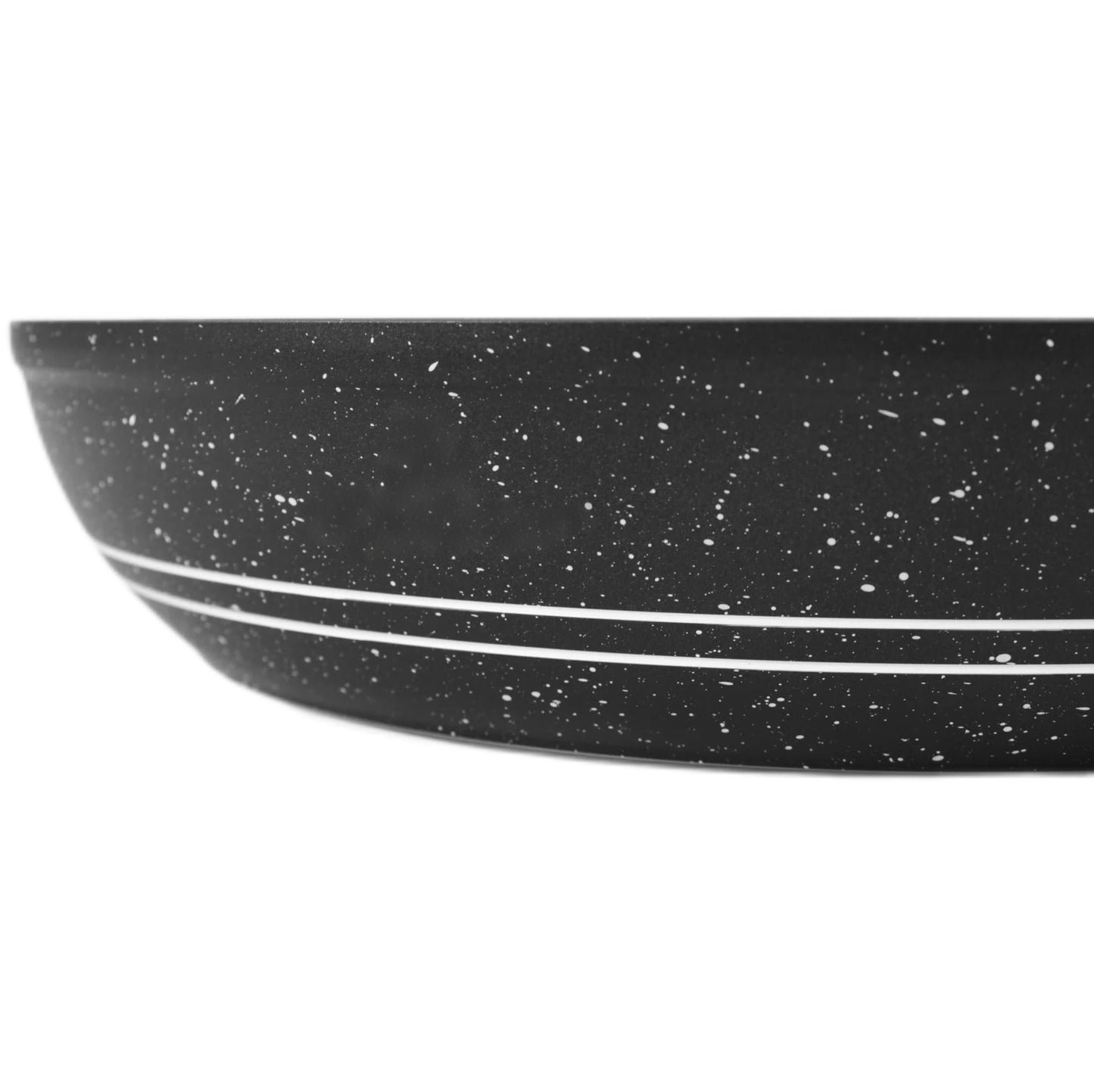 Close-up of a black speckled frying pan on a white background