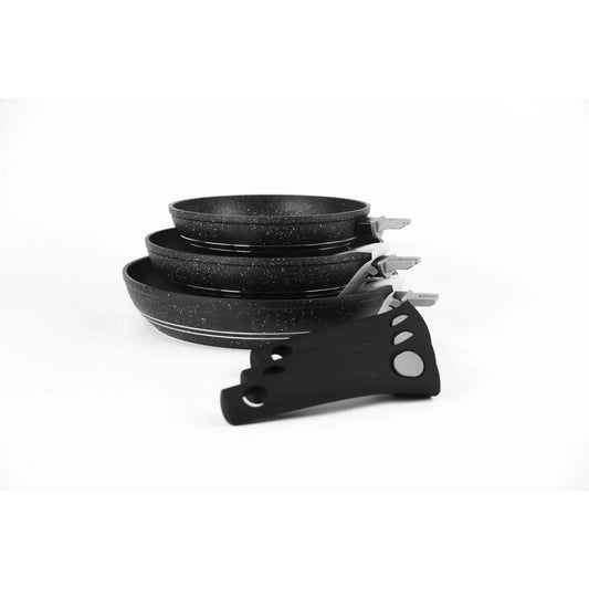 Set of black frying pans with a black handle on a white background