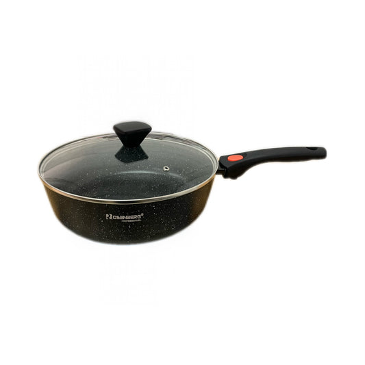 Black frying pan with a glass lid on a white background
