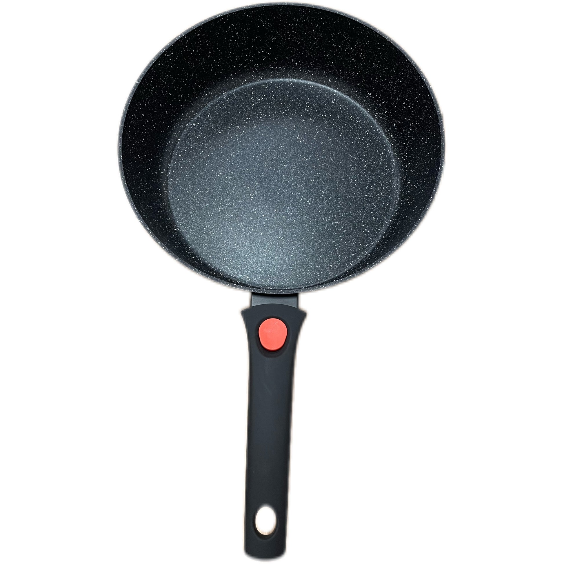 Black frying pan with a red handle on a white background