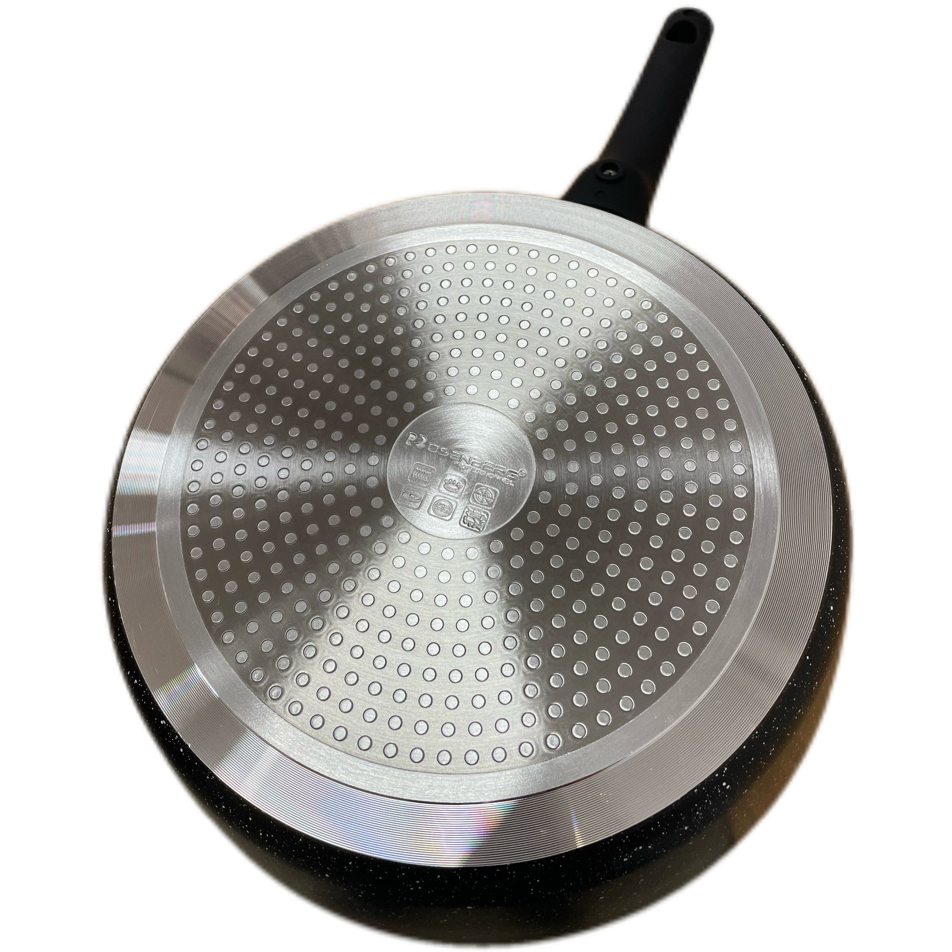 Stainless steel frying pan with black handle on a white background