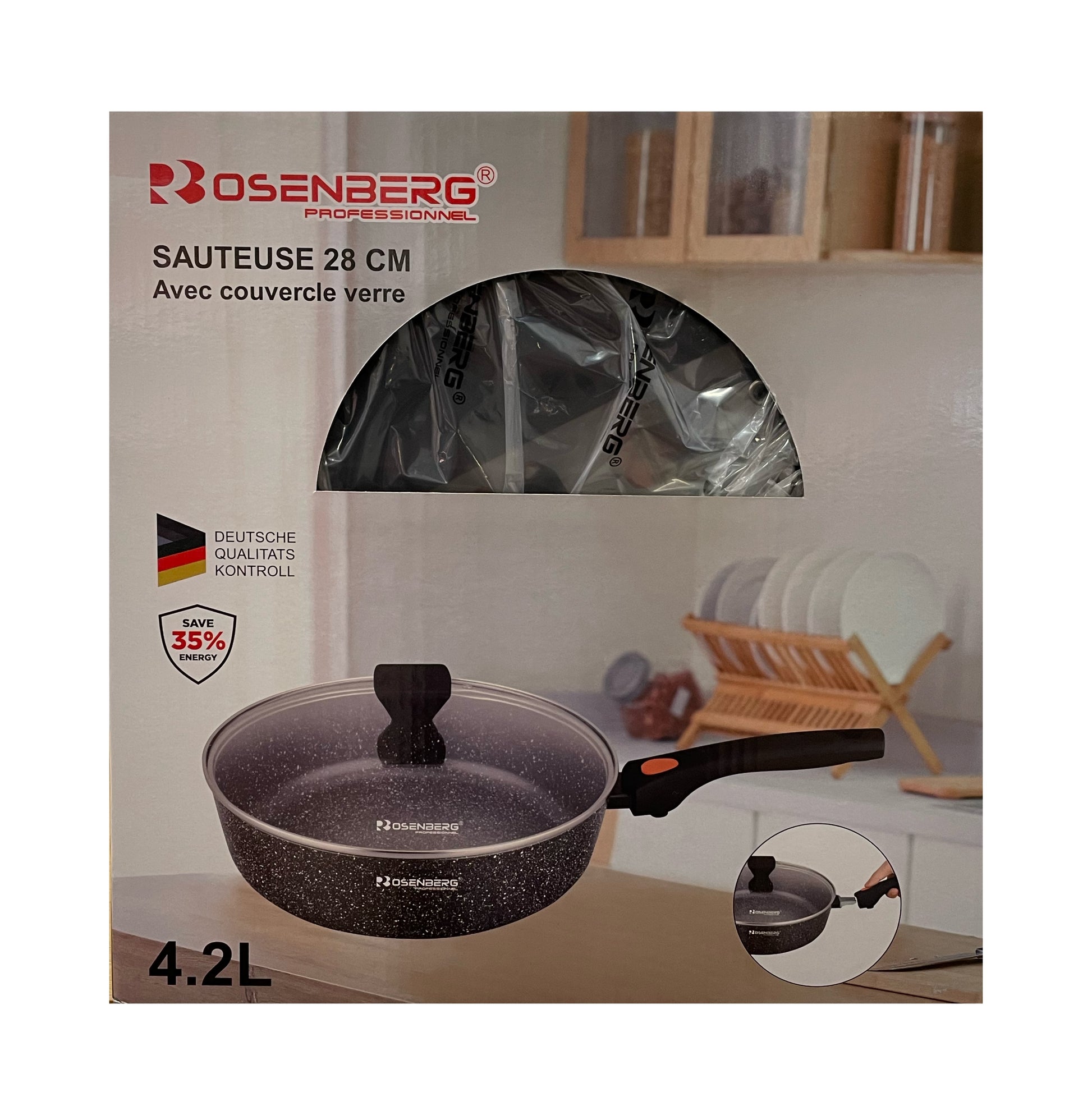 Rosenberg sauteuse with glass lid packaging on a white background