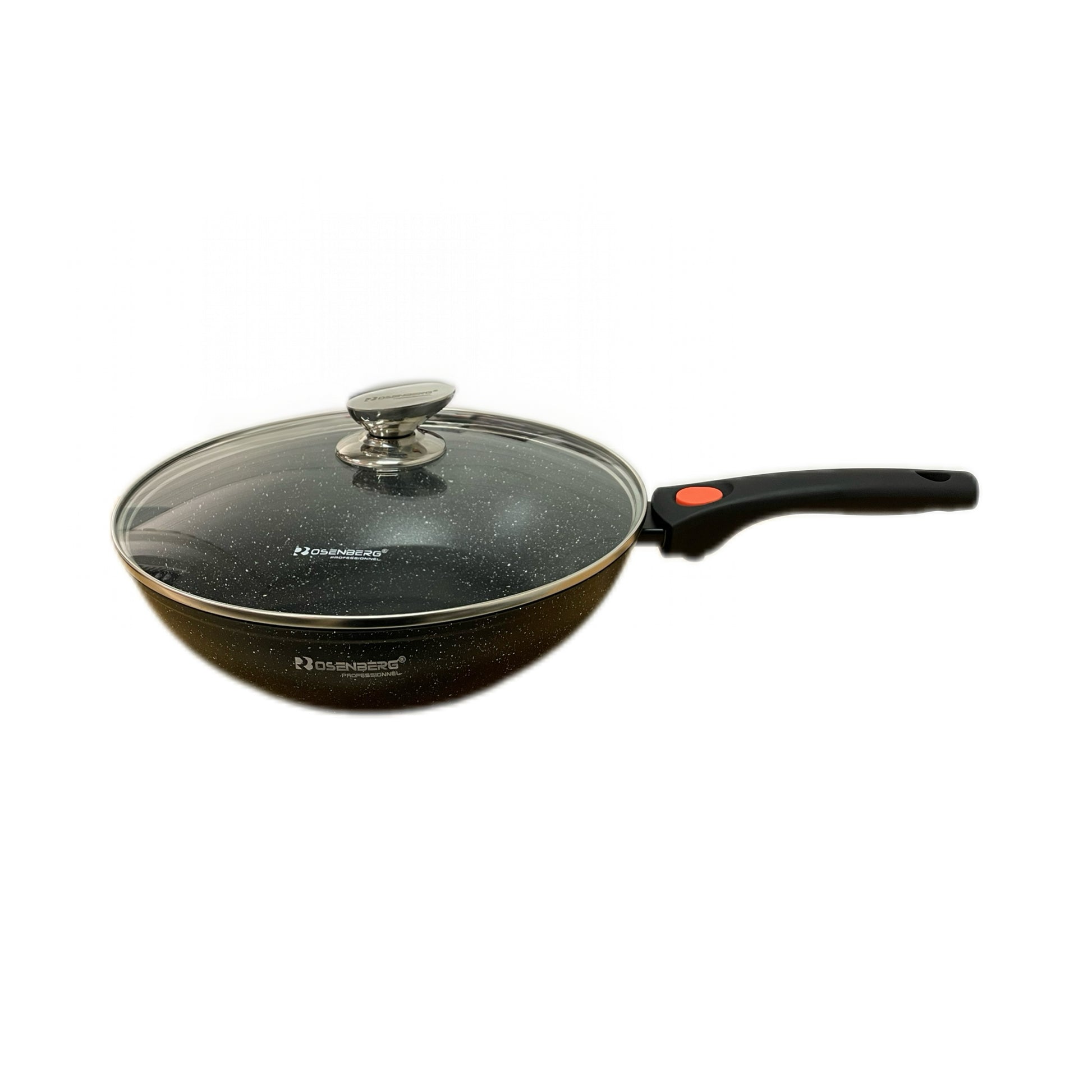Black WOK frying pan with glass lid on a white background