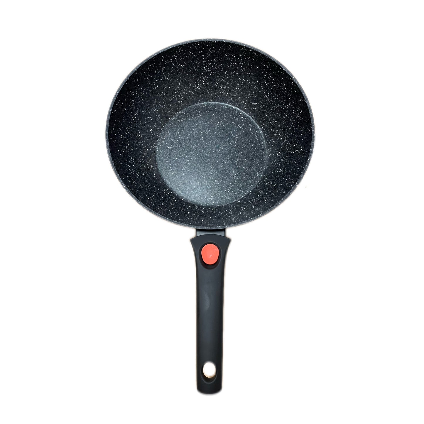 Black frying pan with a red handle on a white background