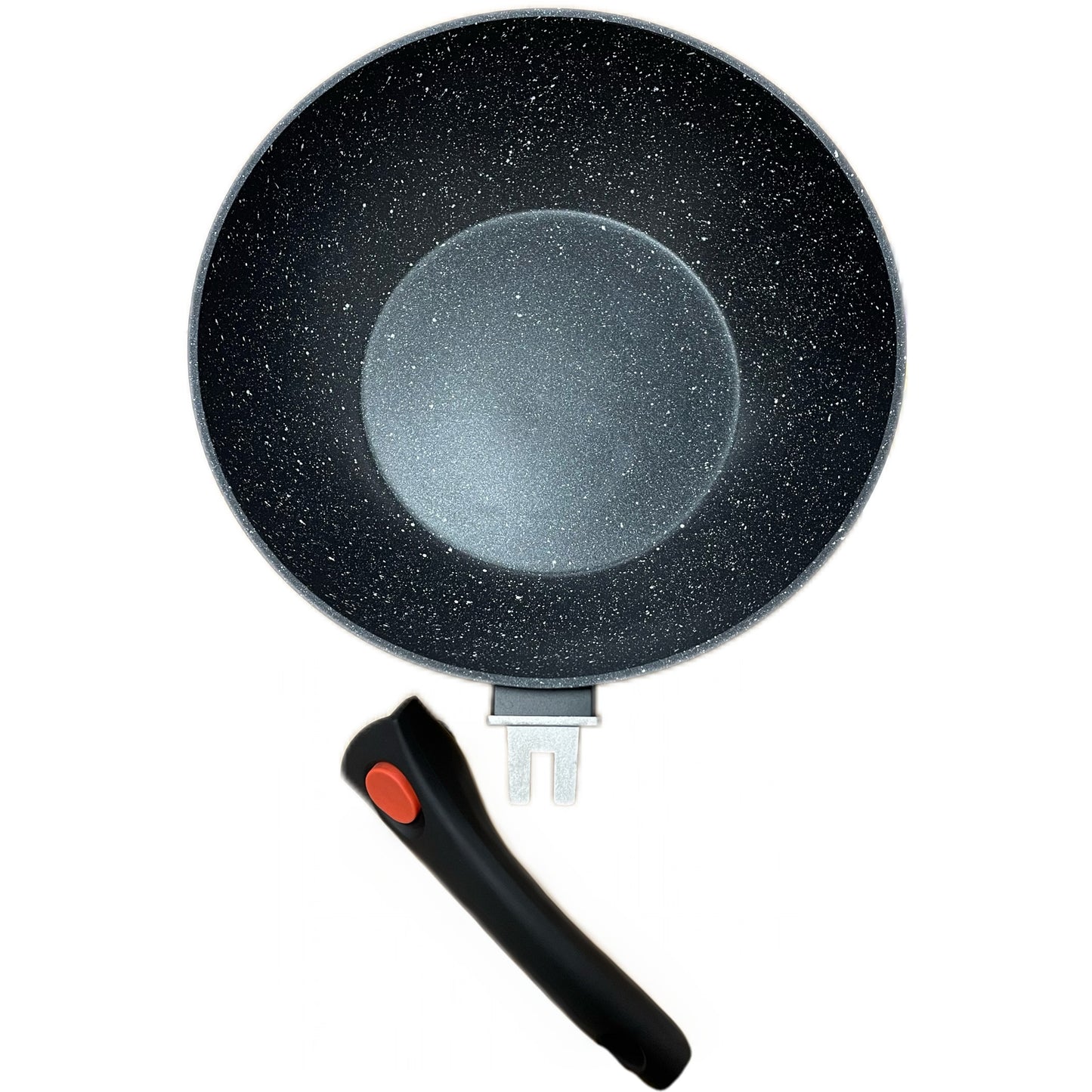 Black speckled frying pan with a black handle on a white background