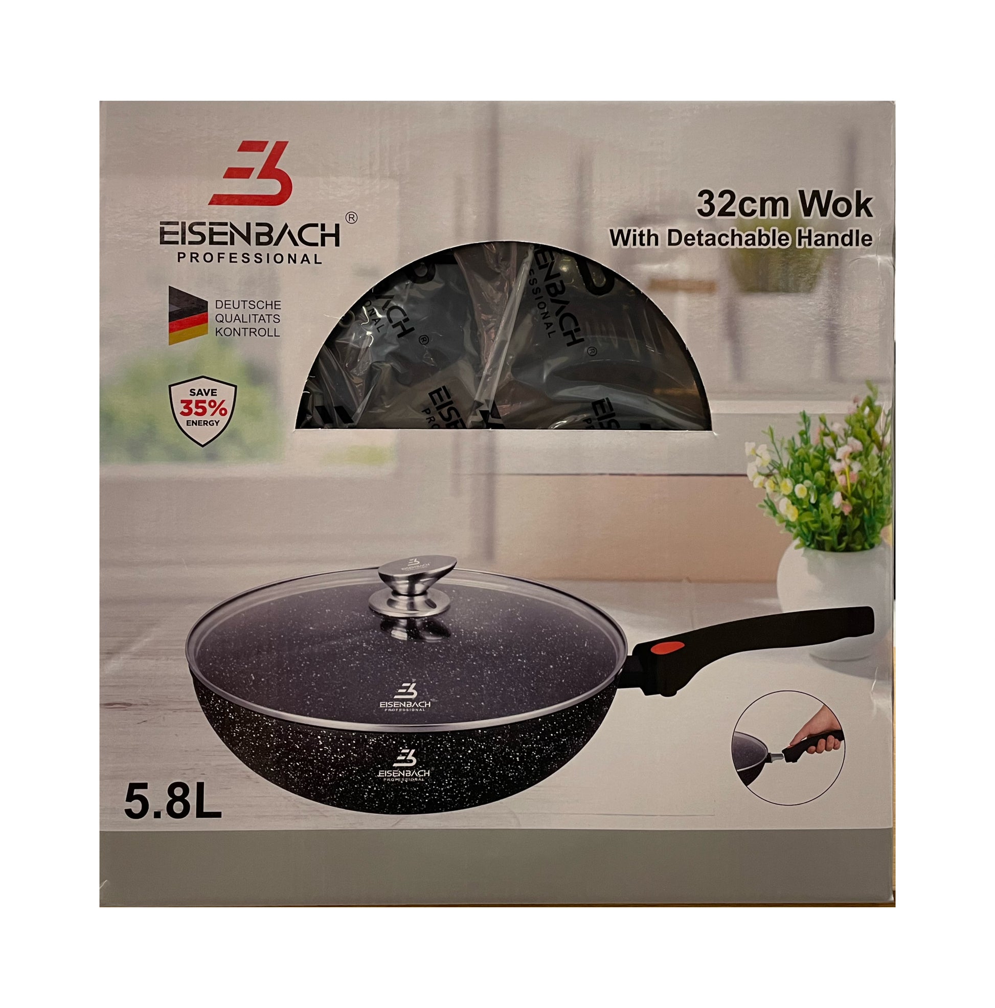 Eisenbach wok with detachable handle packaging on a kitchen counter