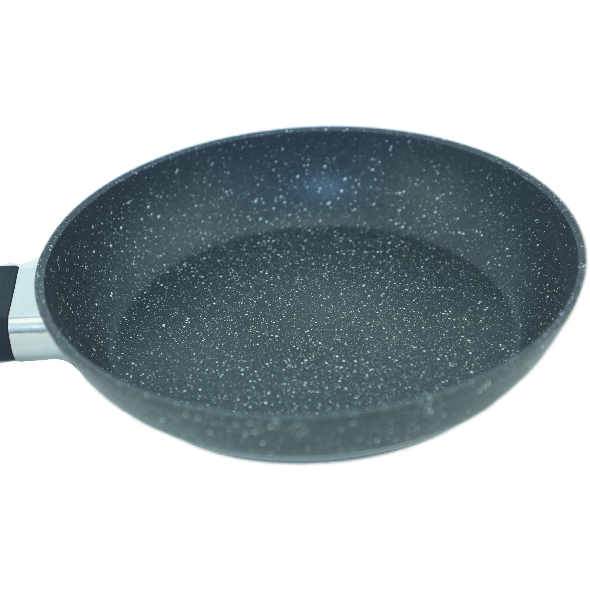 Black speckled frying pan on a white background
