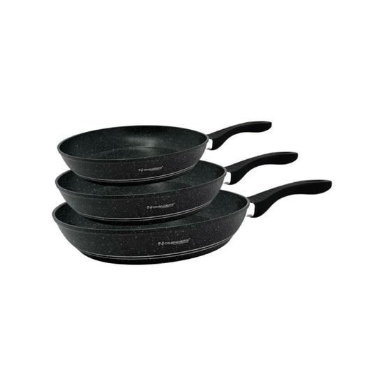 Set of three black frying pans with handles on a white background