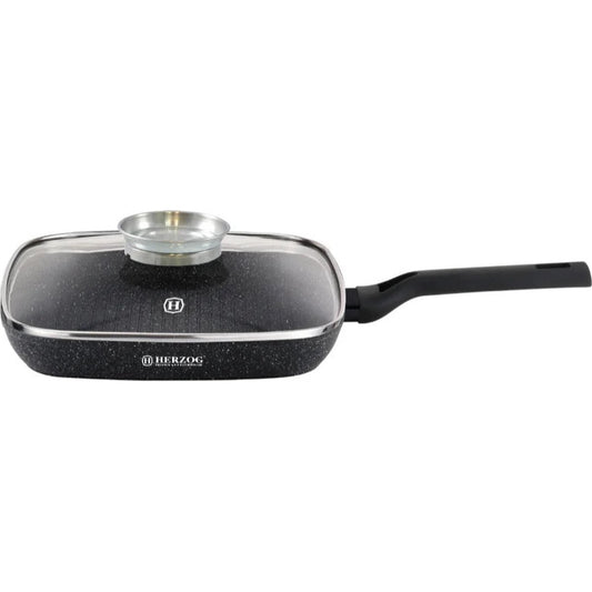 Square frying pan with glass lid on a white background, featuring the Herzog brand.