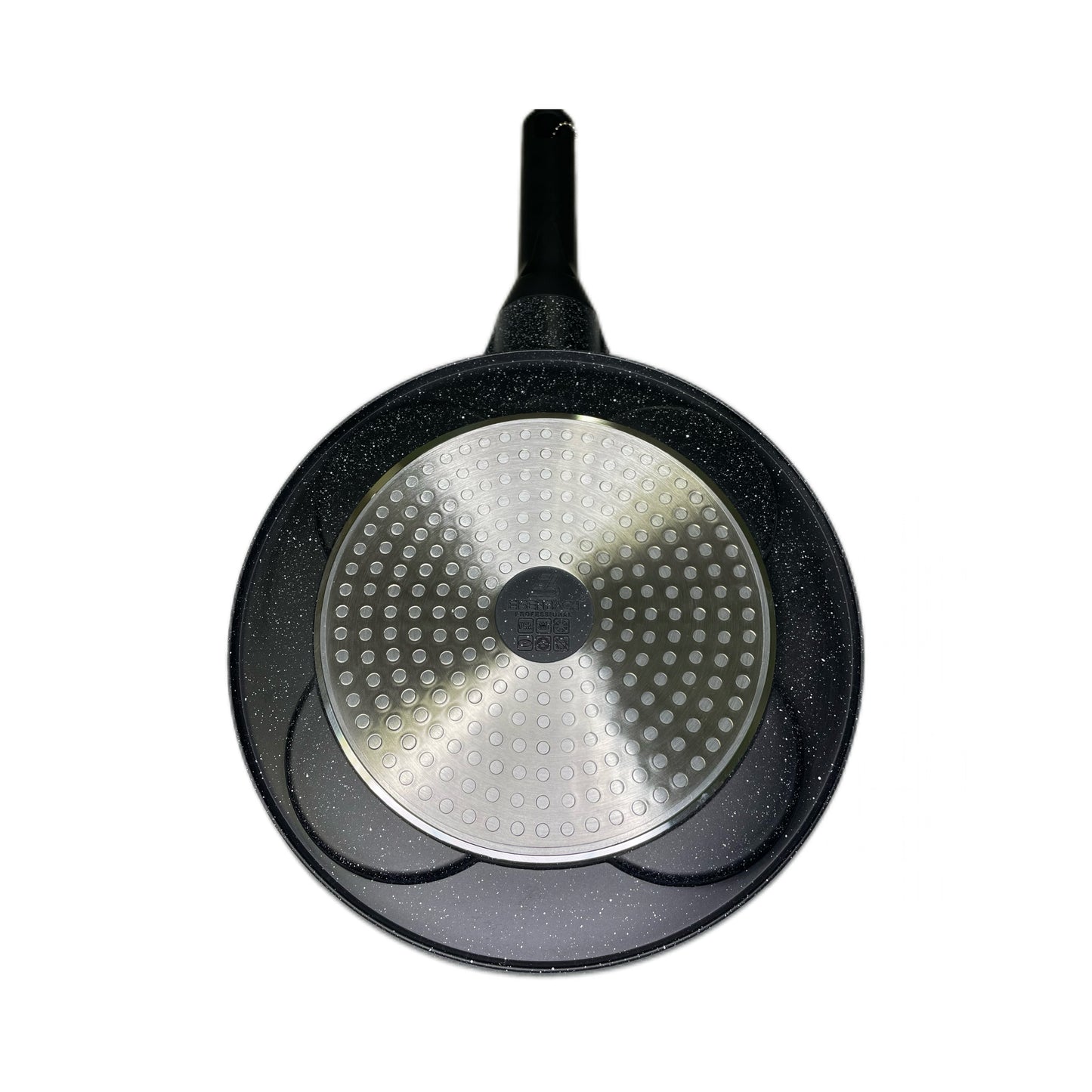 Black frying pan with a glass lid on a white background