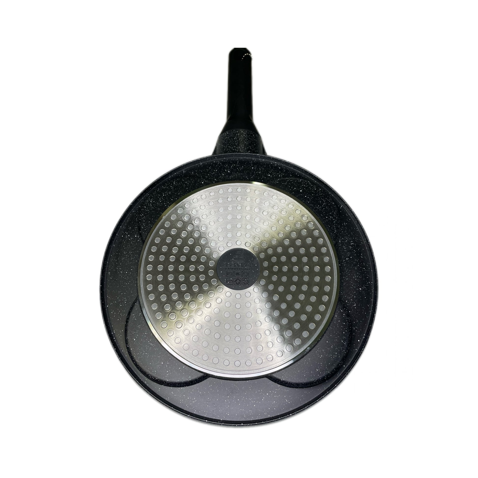 Black frying pan with a glass lid on a white background