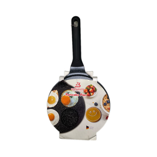 Pancake pan with illustrations of food on a white background