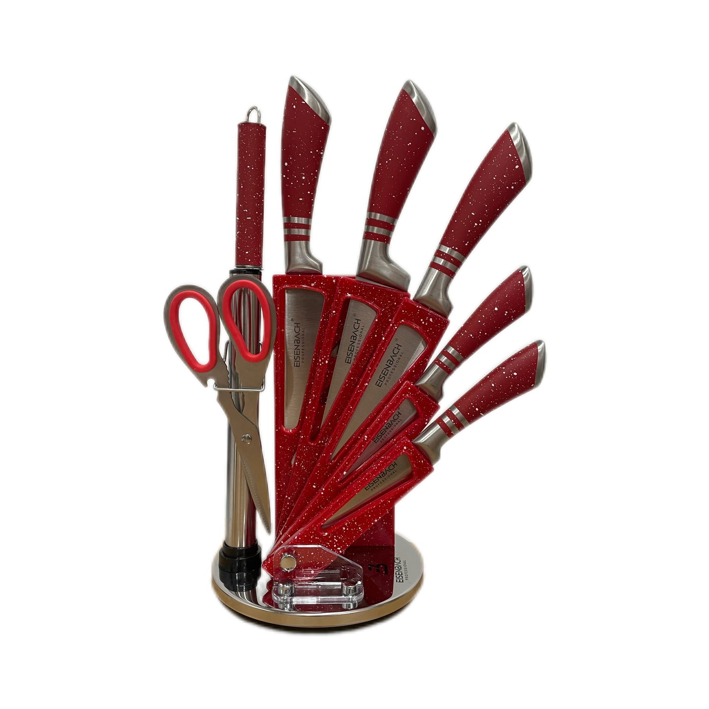 Red glittery kitchen utensil set shaped like a hand on a white background