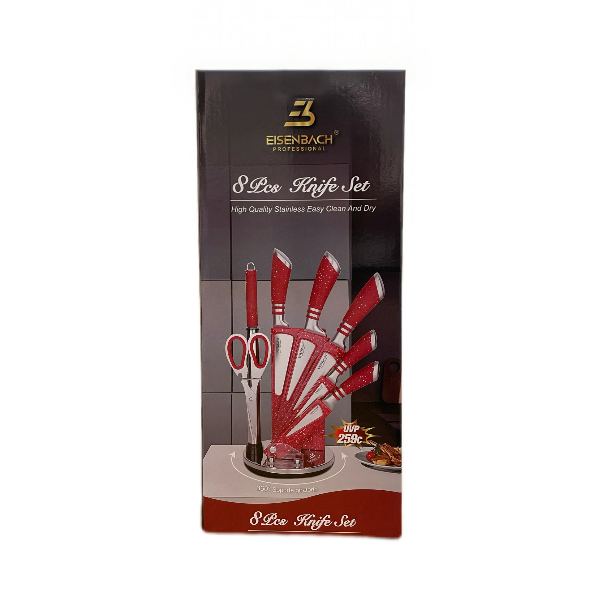 Eisenbach 8-piece knife set packaging with red handles on a white background