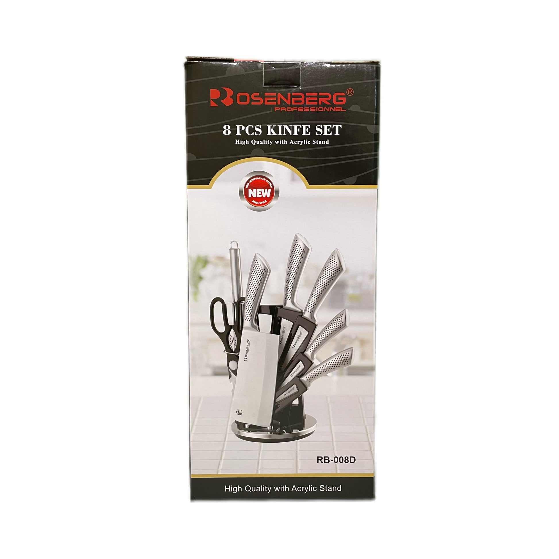 Packaging of Rosenberg 8-piece knife set with stand on a white background