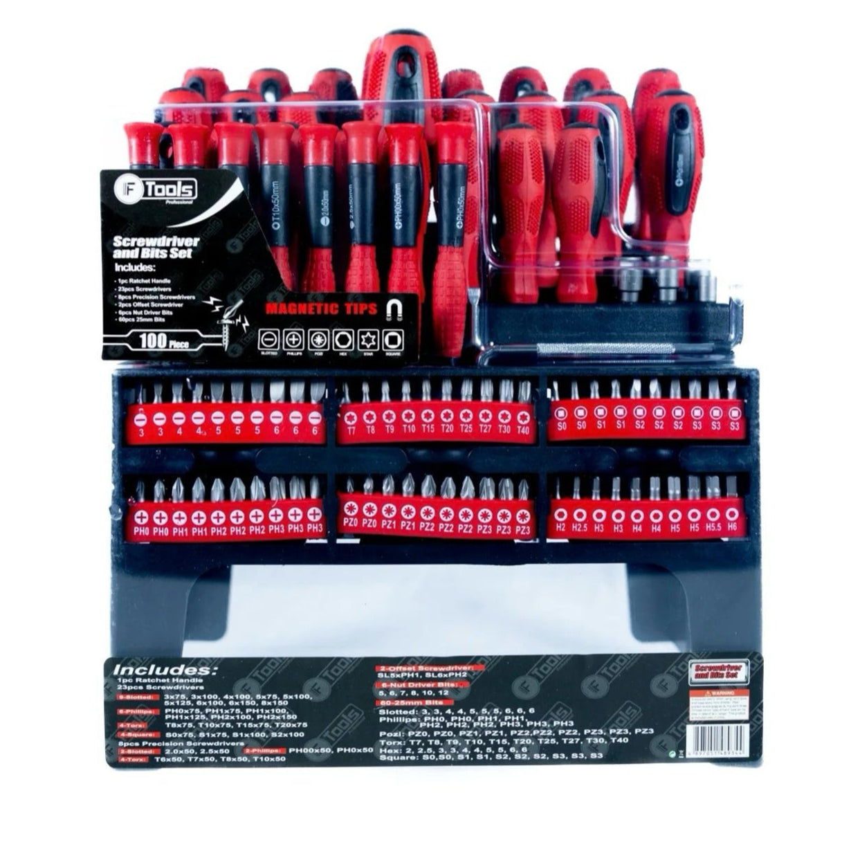 Set of red screwdrivers in a black storage case on a white background
